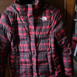 The North Face Women's Plaid Black and Red Puffer Jacket